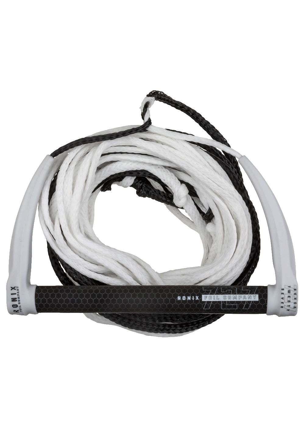 Ronix Handle 727 Foil Combo Package in Black and White featuring a 13” wide handle and low stretch PE multi section mainline for foiling.